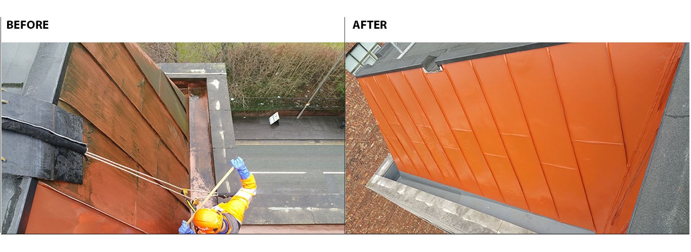 Photo showing the difference between before and after rope access cladding cleaning and painting works, Manchester