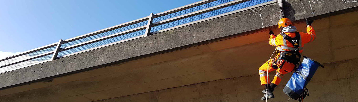 A Rope Access technician carrying out a principal bridge inspection